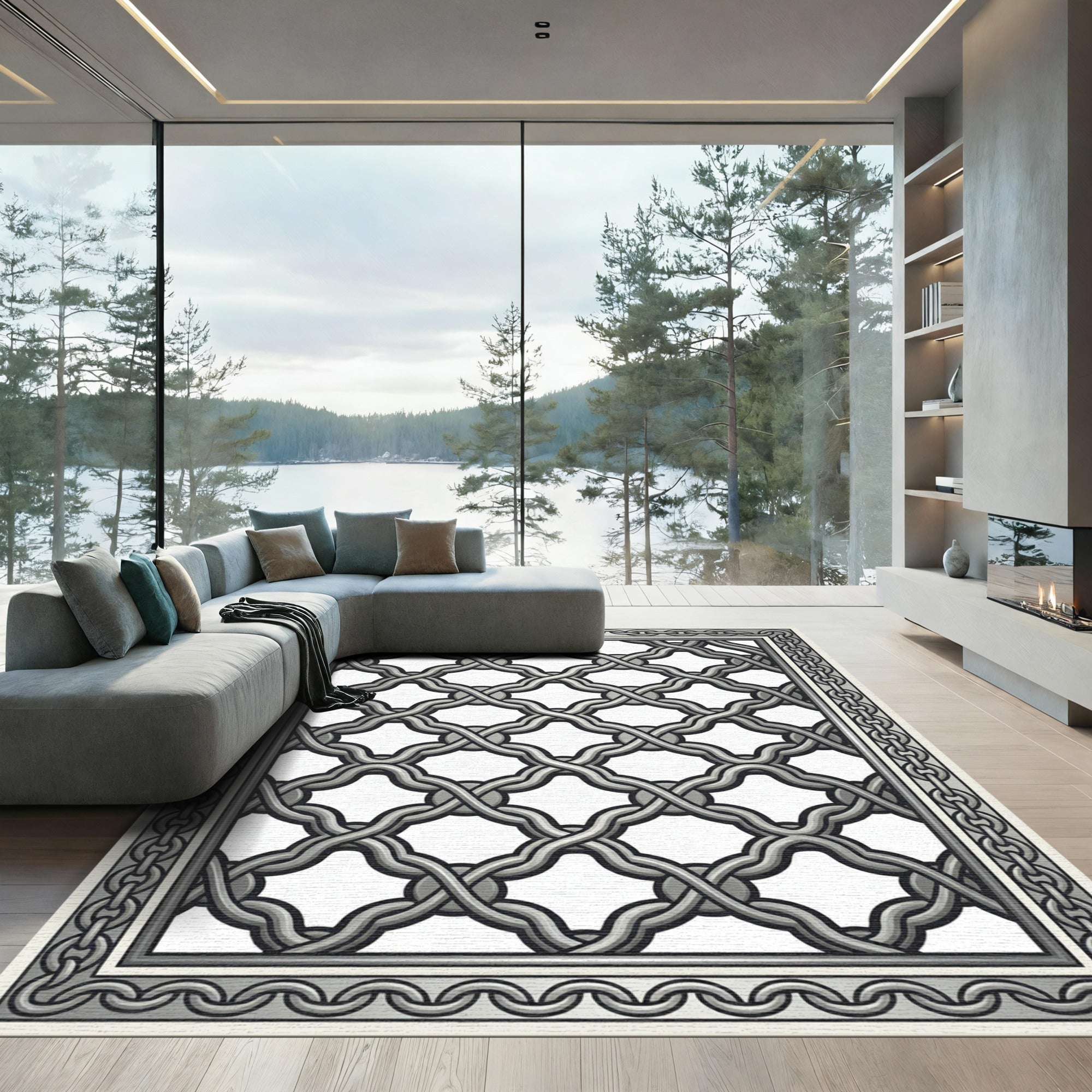 Silver Interlocking Chain Border Rug