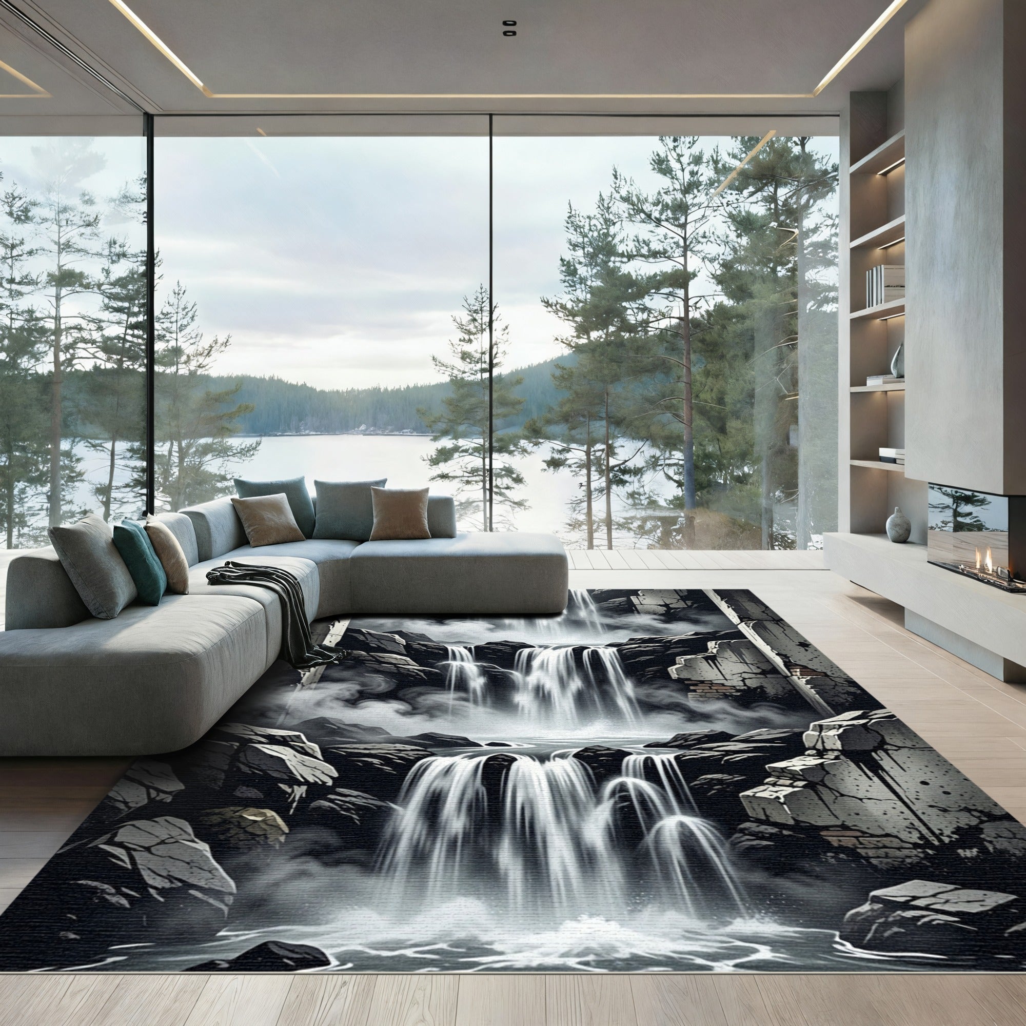 Dramatic Gray Waterfalls Amidst Ruins Rug