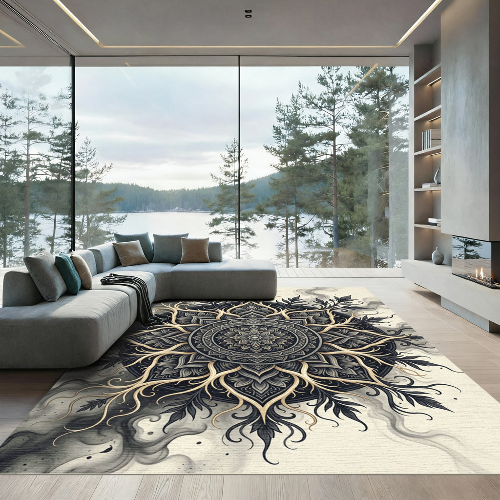 Monochromatic Floral Sunburst Mandala Rug