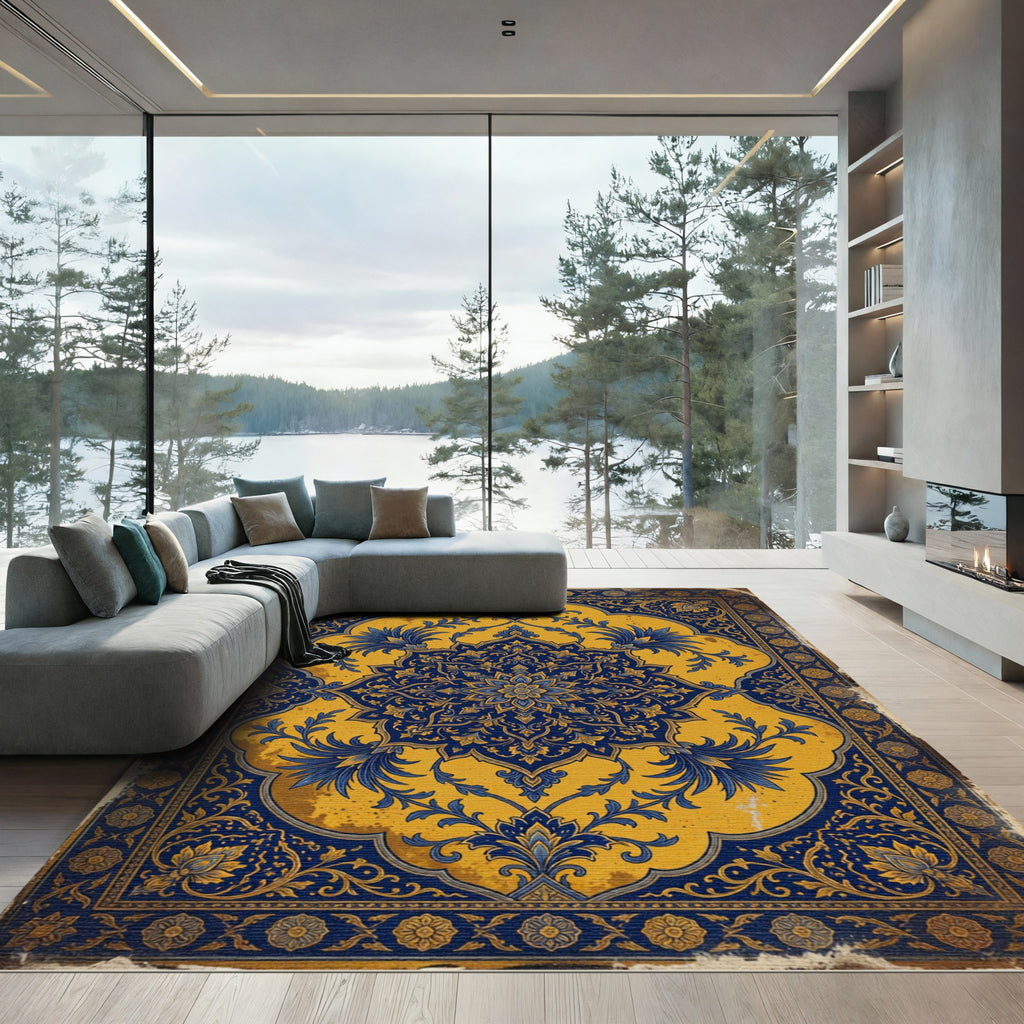Gold Blue Vintage Floral Medallion Rug