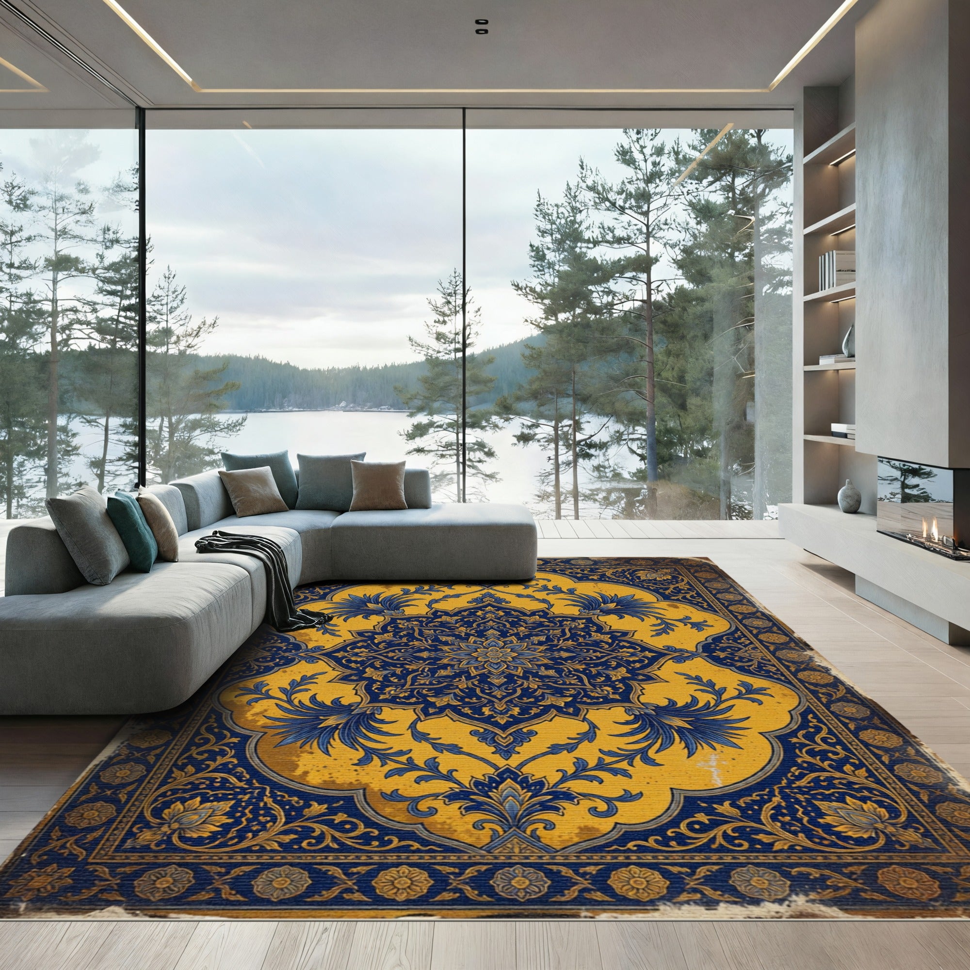 Gold Blue Vintage Floral Medallion Rug