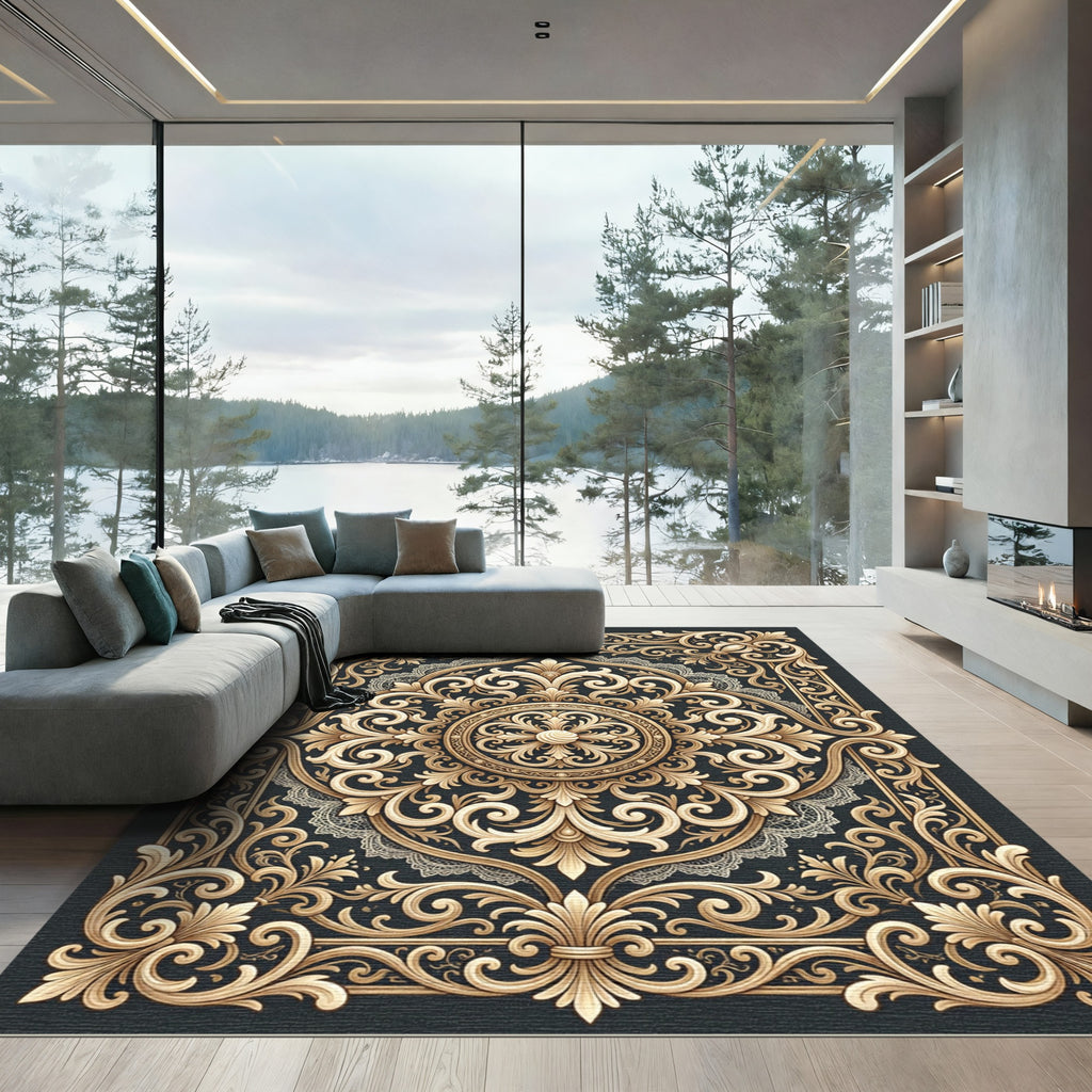 Ornate Gold Filigree Baroque Scrollwork Rug