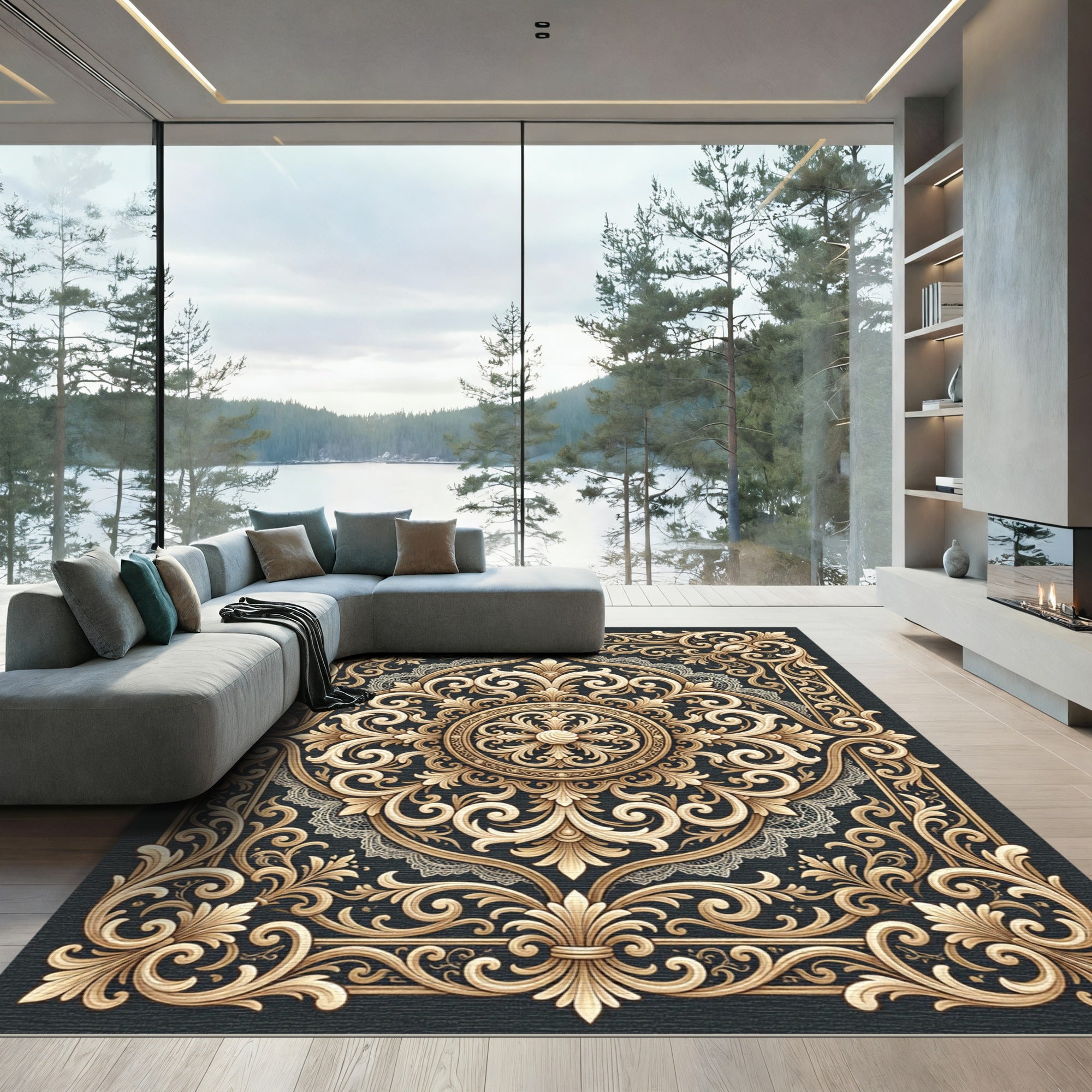 Ornate Gold Filigree Baroque Scrollwork Rug