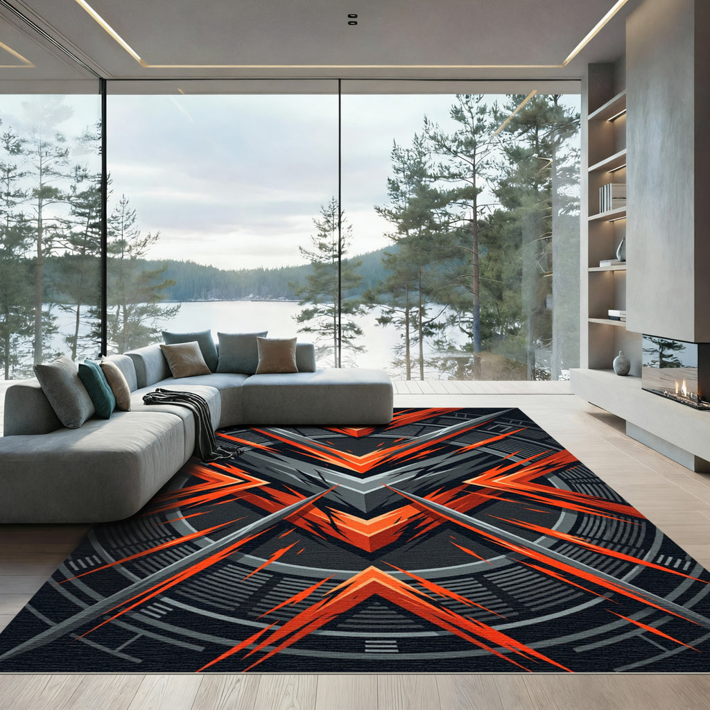 Dynamic Red Gray Abstract Angular Chevron Rug
