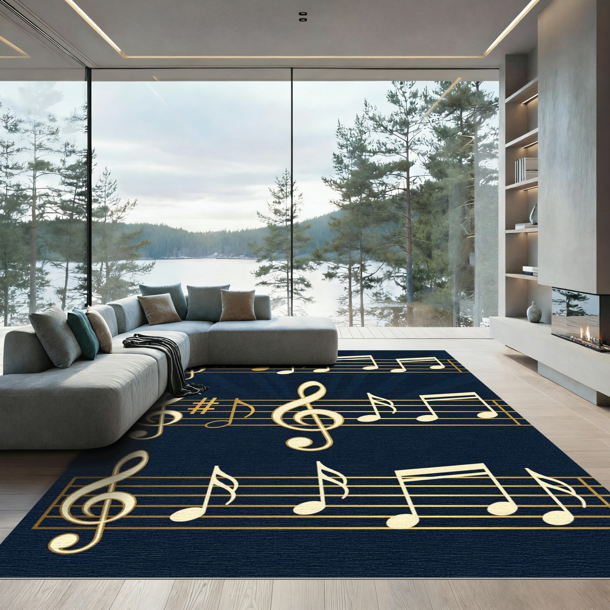 Golden Musical Notes on Navy Blue Rug