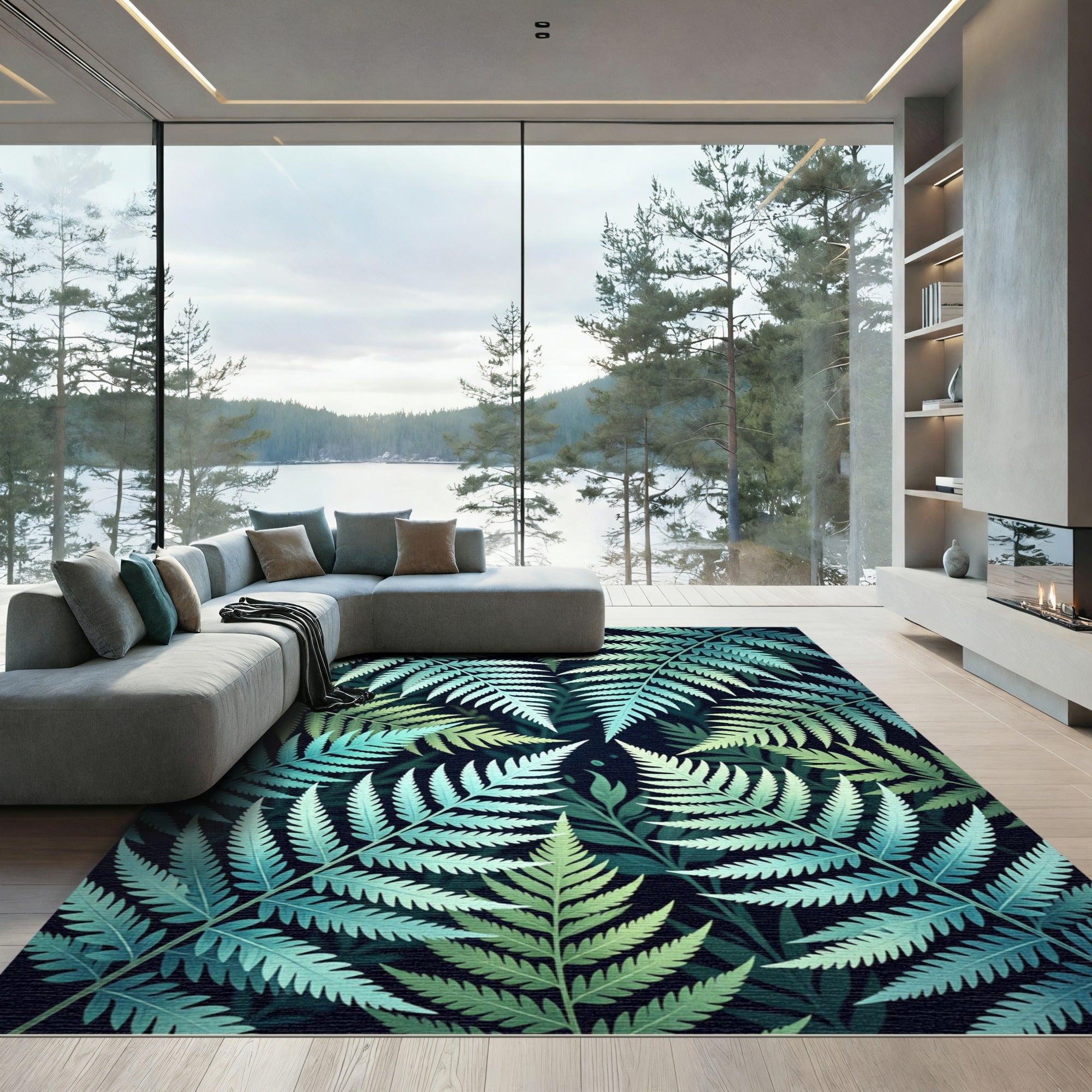 Lush Blue Tropical Fern Leaf Foliage Rug