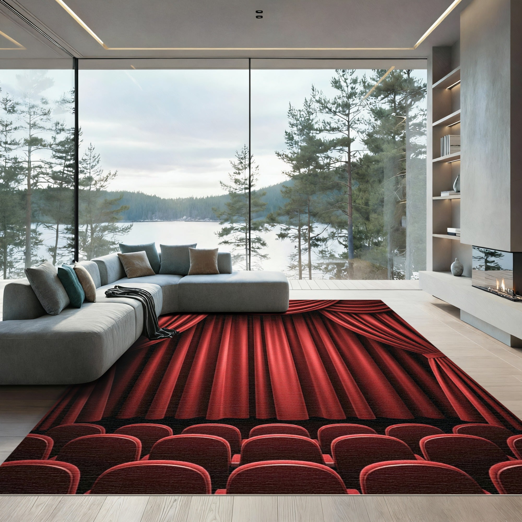Crimson Draped Velvet Theater Curtains Rug