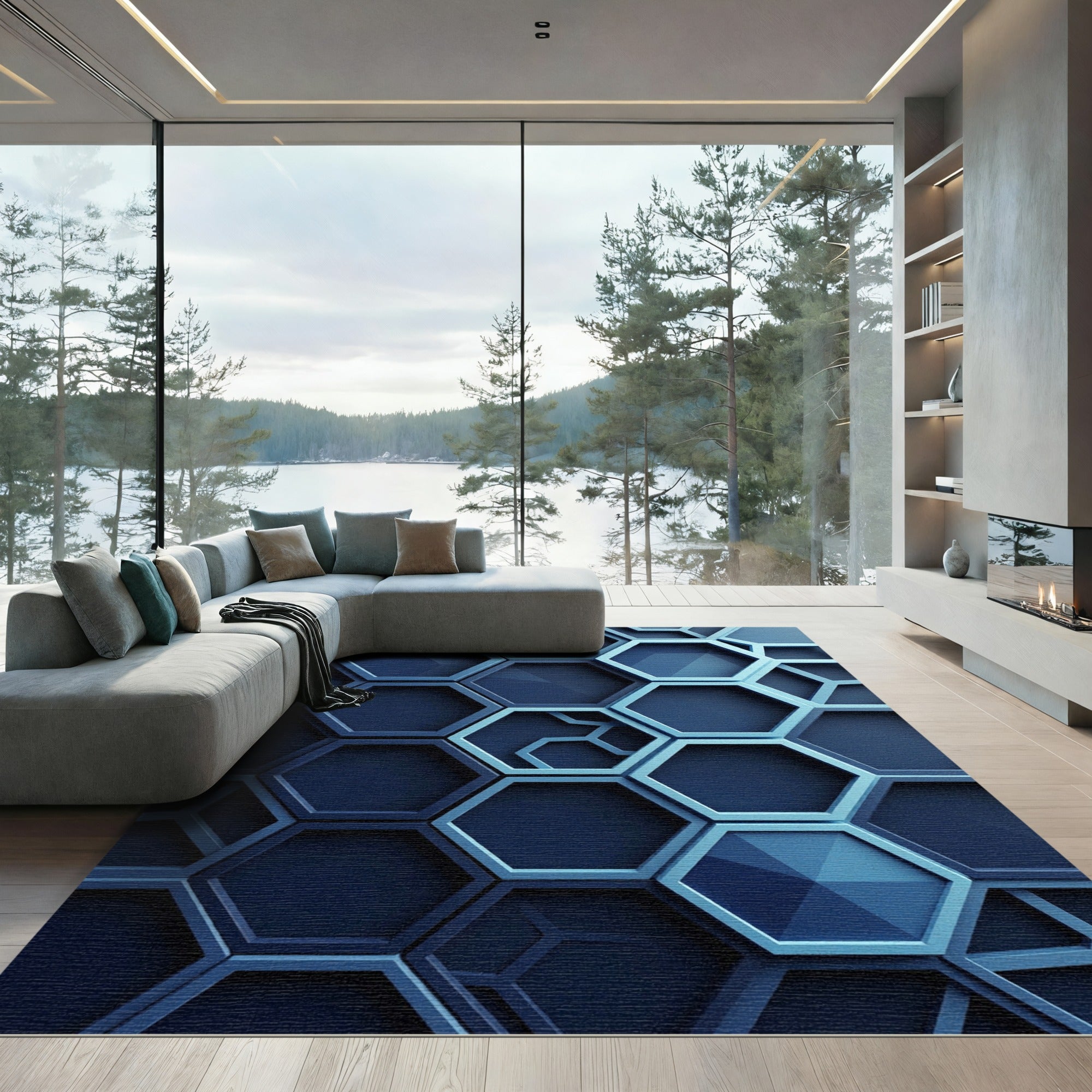 Sleek Navy Geometric Hexagon Relief Rug