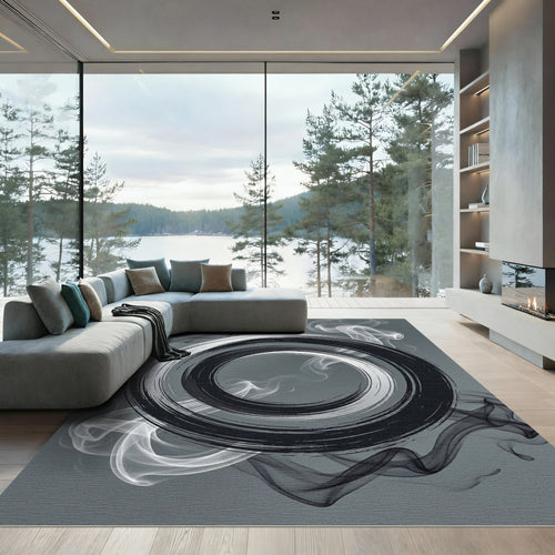 Black White Smoke Swirl Circle Rug