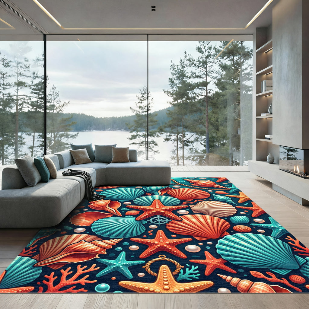 Vibrant Coastal Seashell Starfish Ocean Decor Rug
