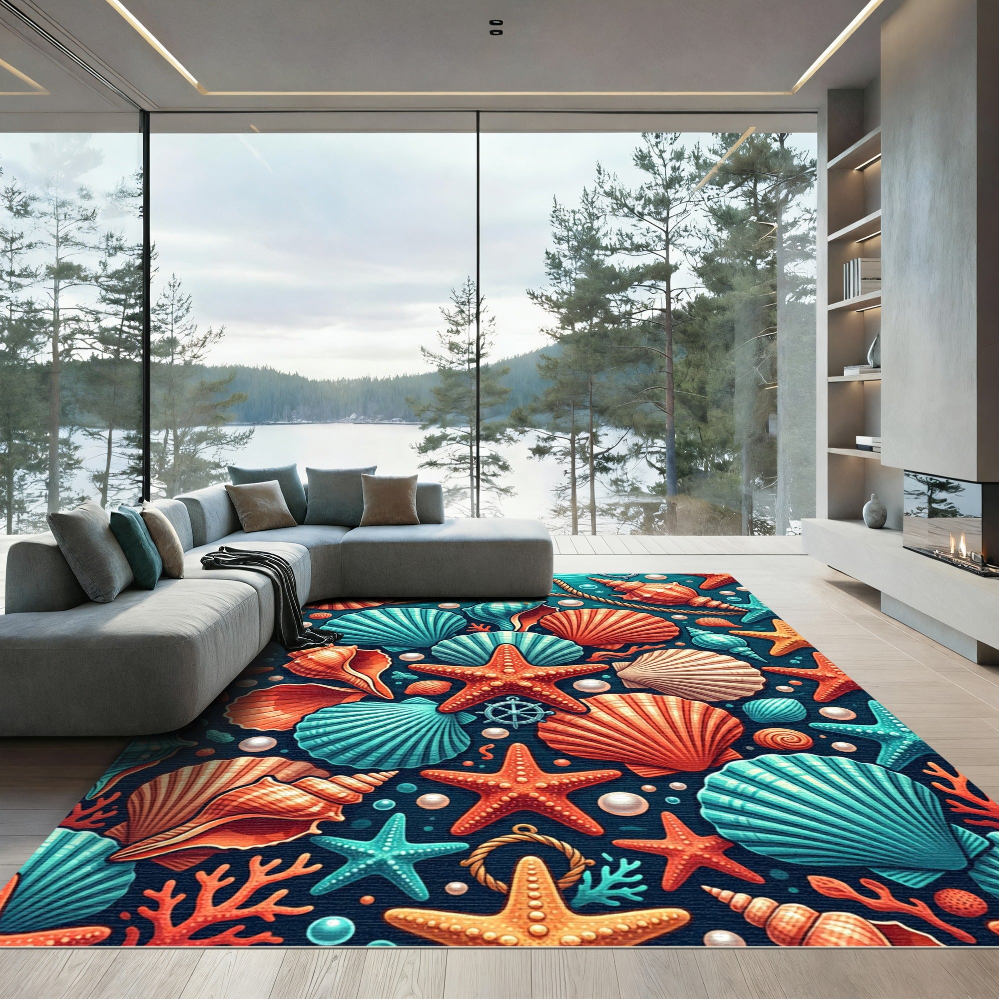 Vibrant Coastal Seashell Starfish Ocean Decor Rug