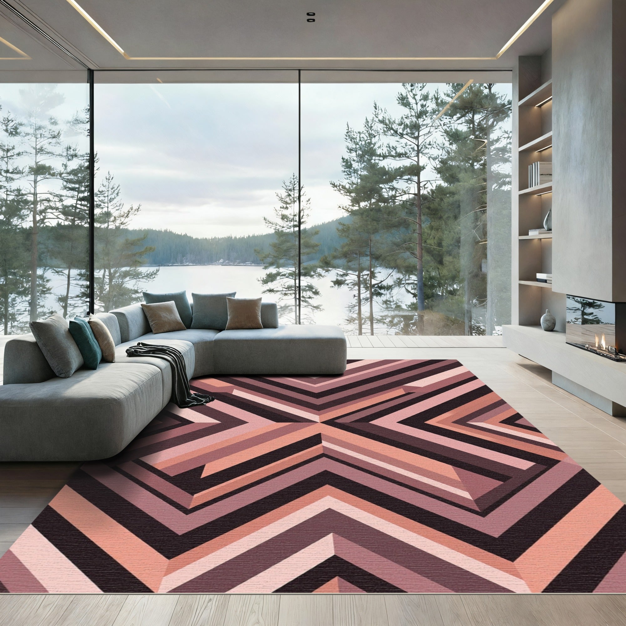 Modern Geometric Blush and Charcoal Angular Rug