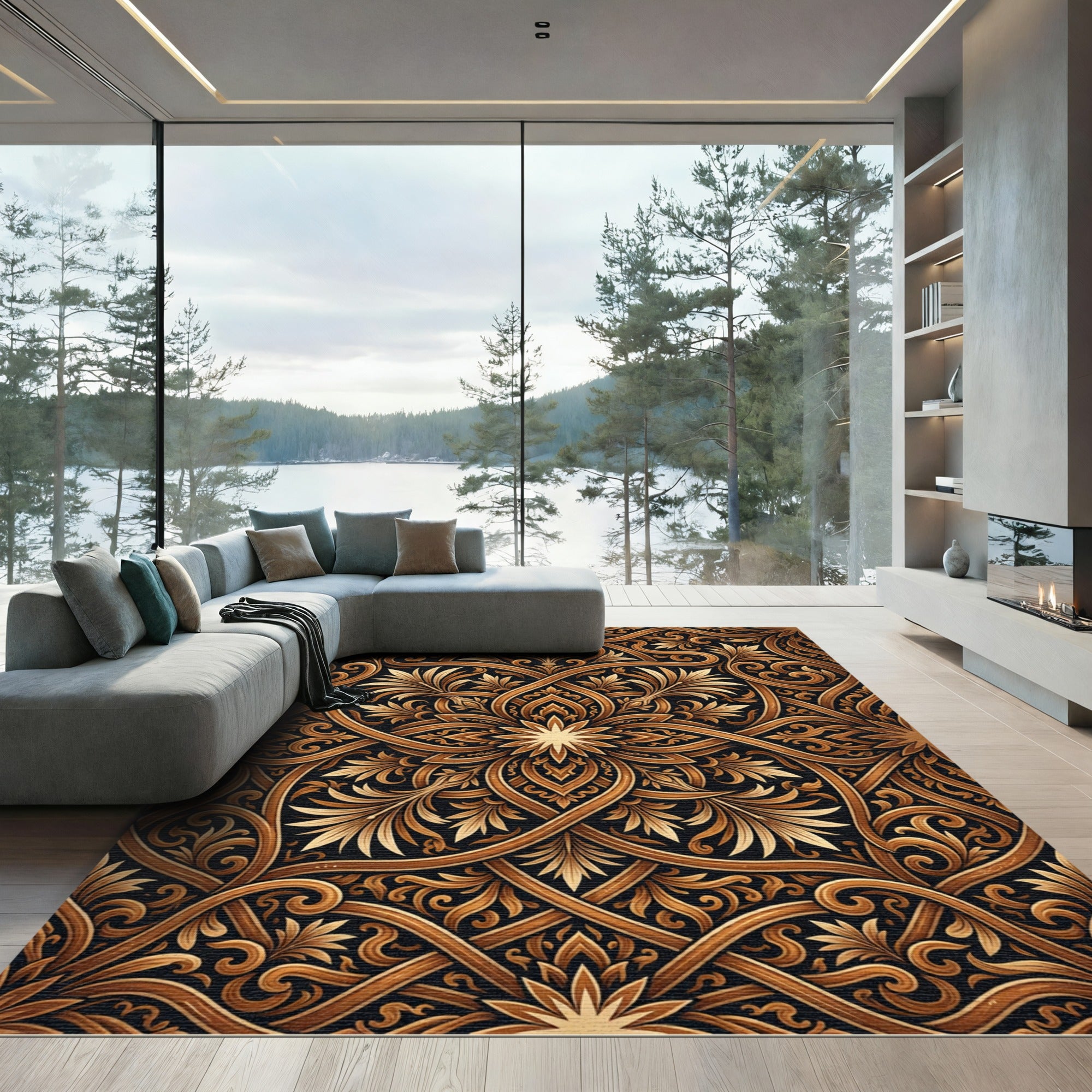 Golden Black Intertwined Floral Scroll Rug