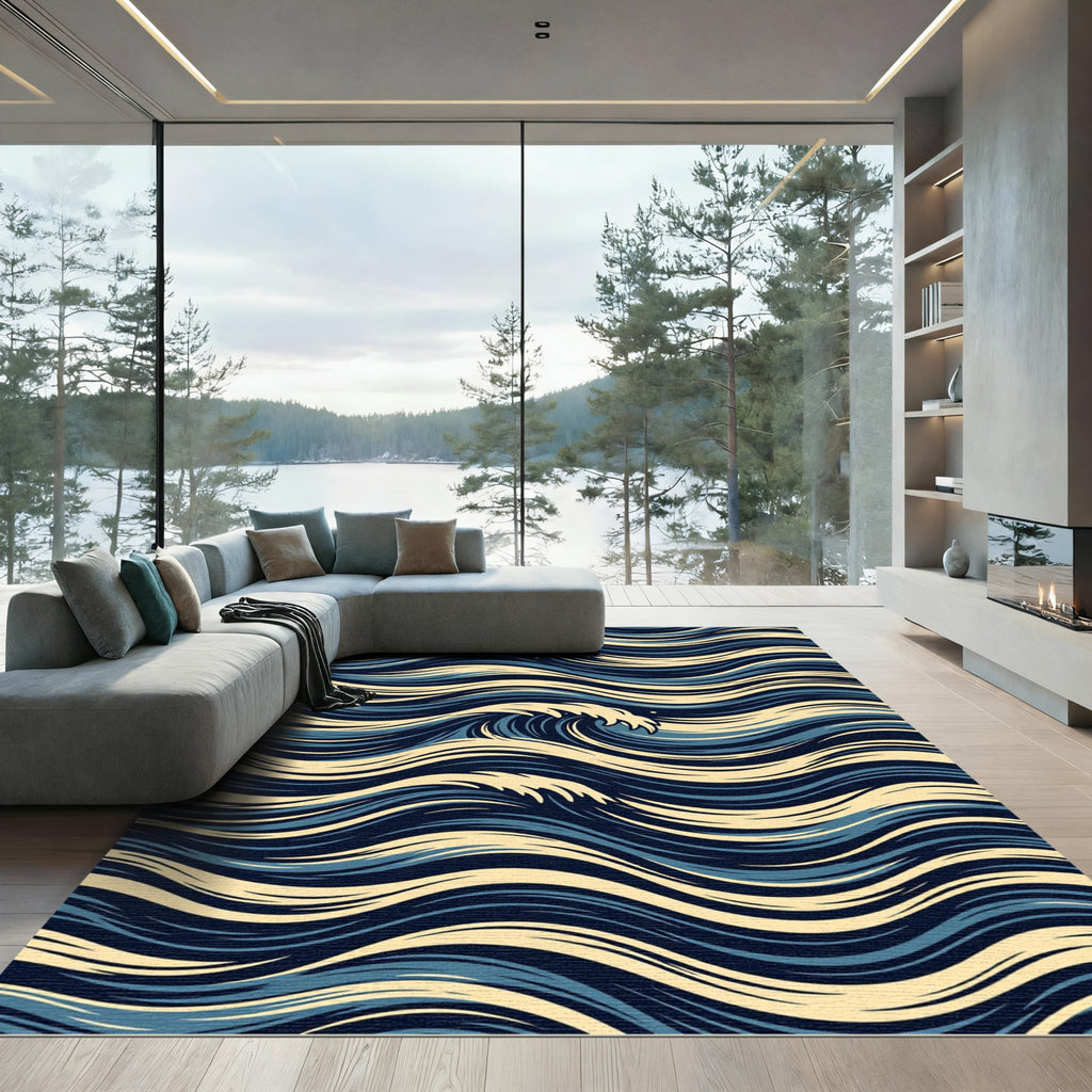 Deep Blue Beige Wave Flowing Rug