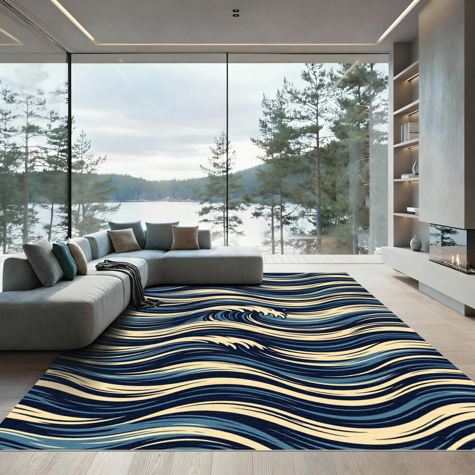 Deep Blue Beige Wave Flowing Rug