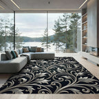 Silver Floral Scrollwork on Dark Background Rug