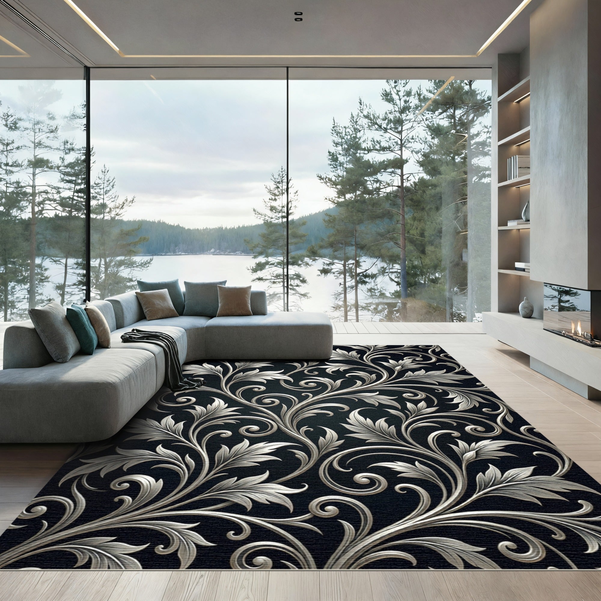 Silver Floral Scrollwork on Dark Background Rug
