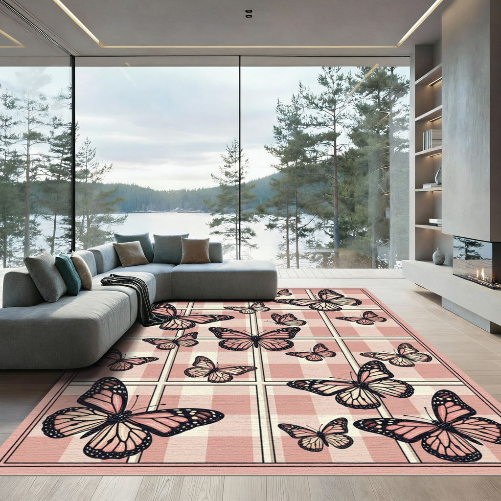 Blush Pink Gingham Butterfly Garden Rug