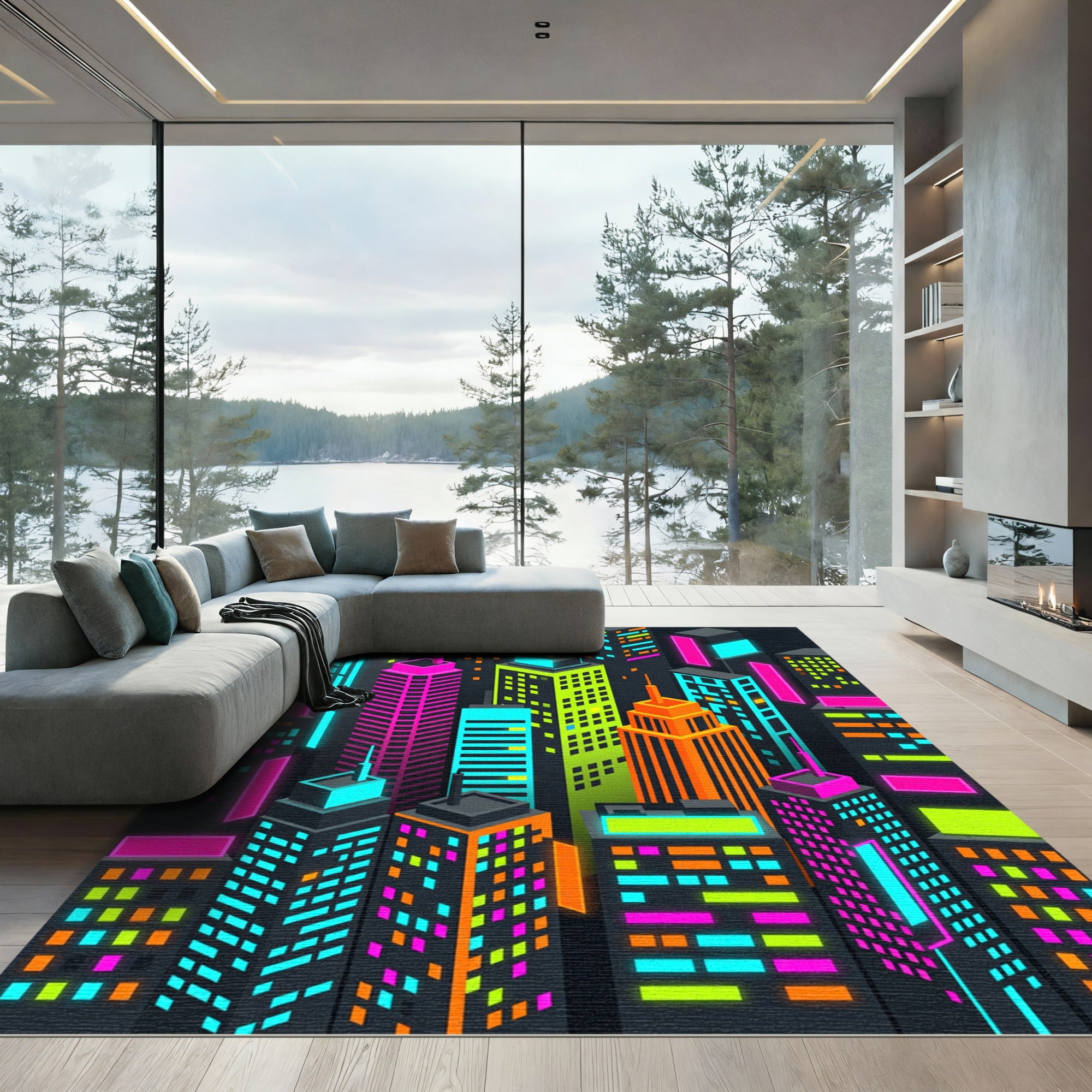 Neon Isometric Cityscape Skyscraper Skyline Rug