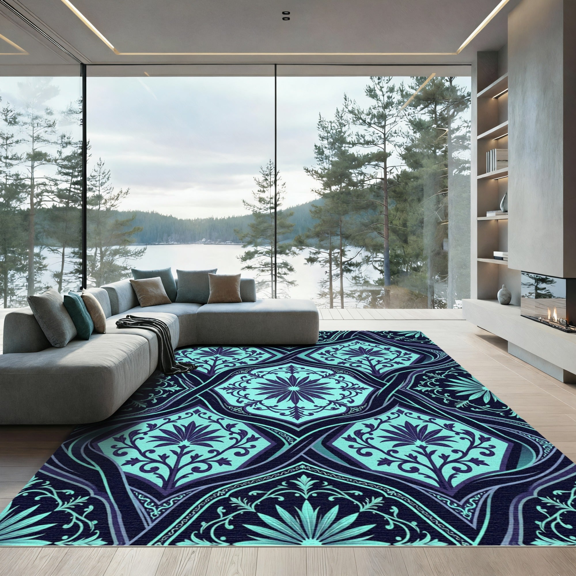 Deep Teal Floral Lattice Composition Rug