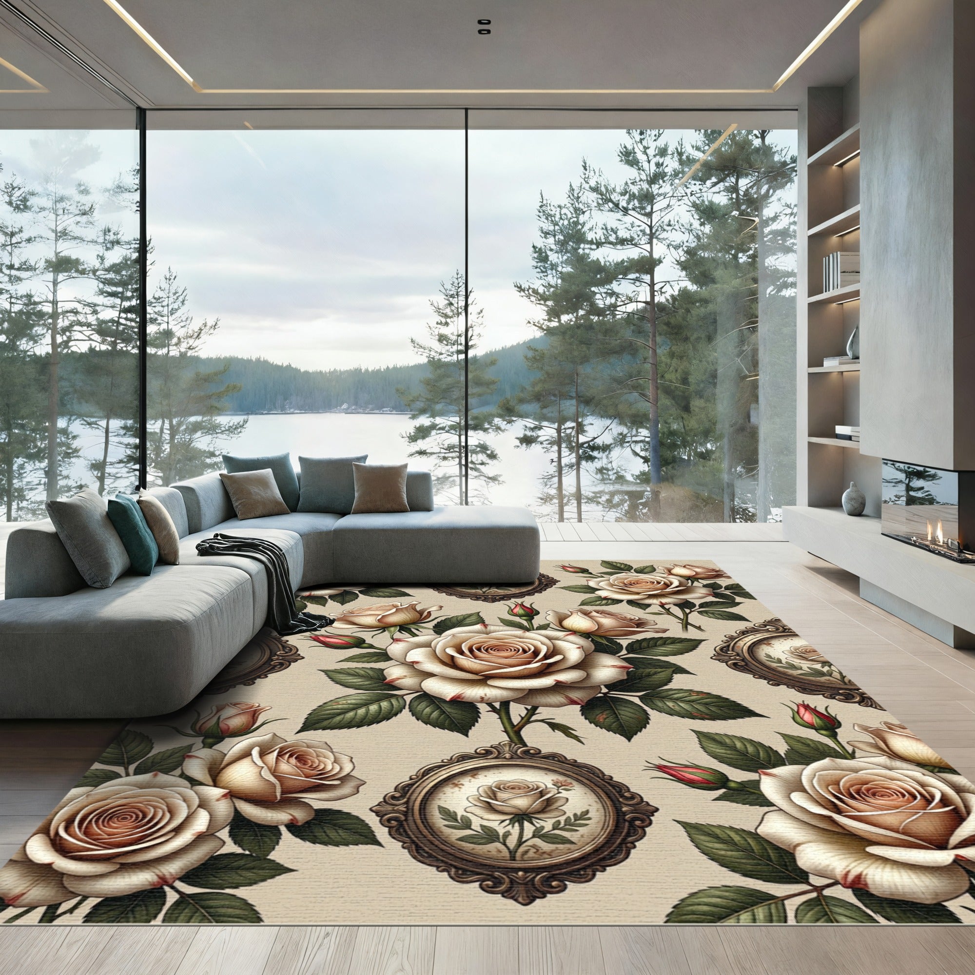 Cream Roses Vintage Oval Framed Medallions Rug