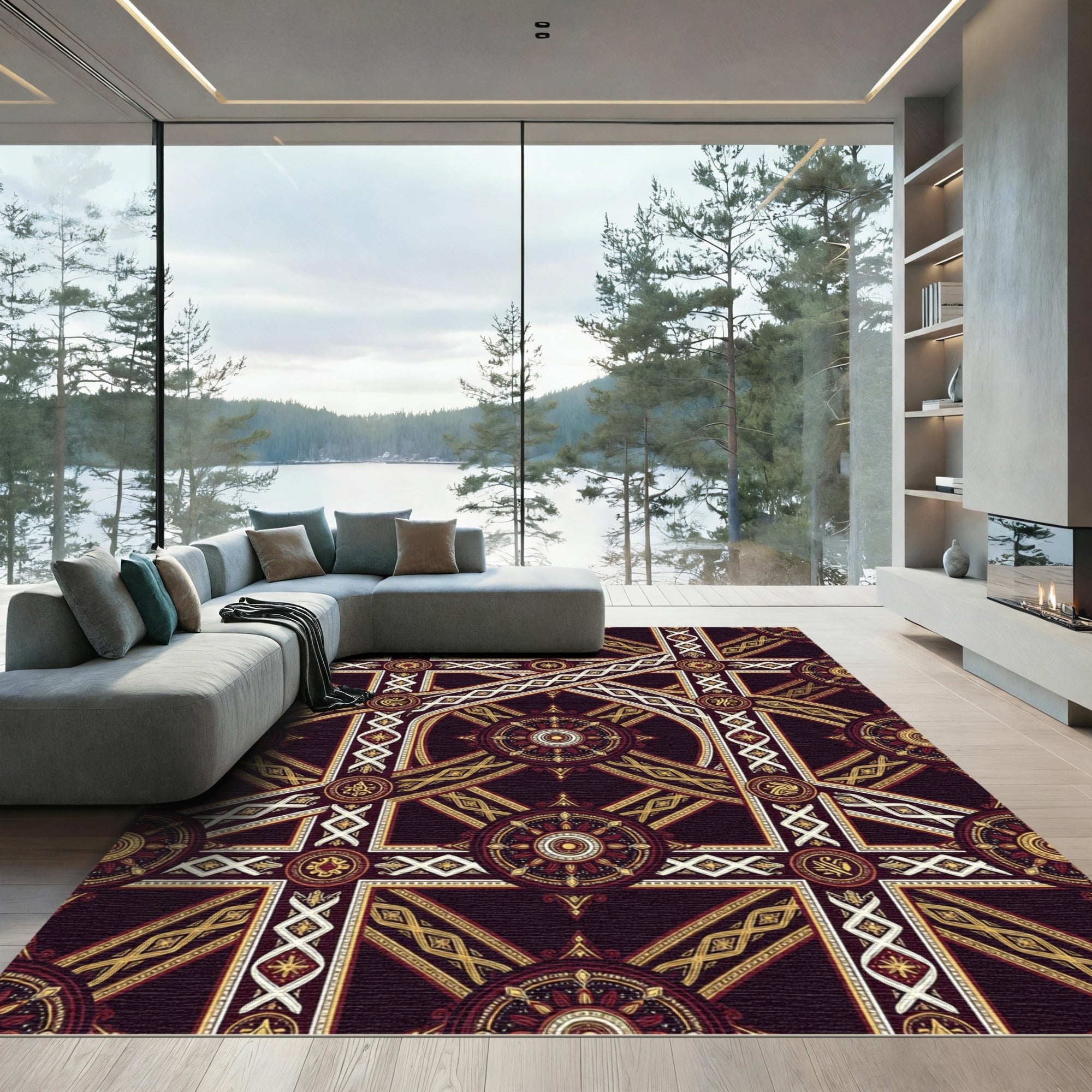 Ornate Burgundy Gold Geometric Medallion Rug