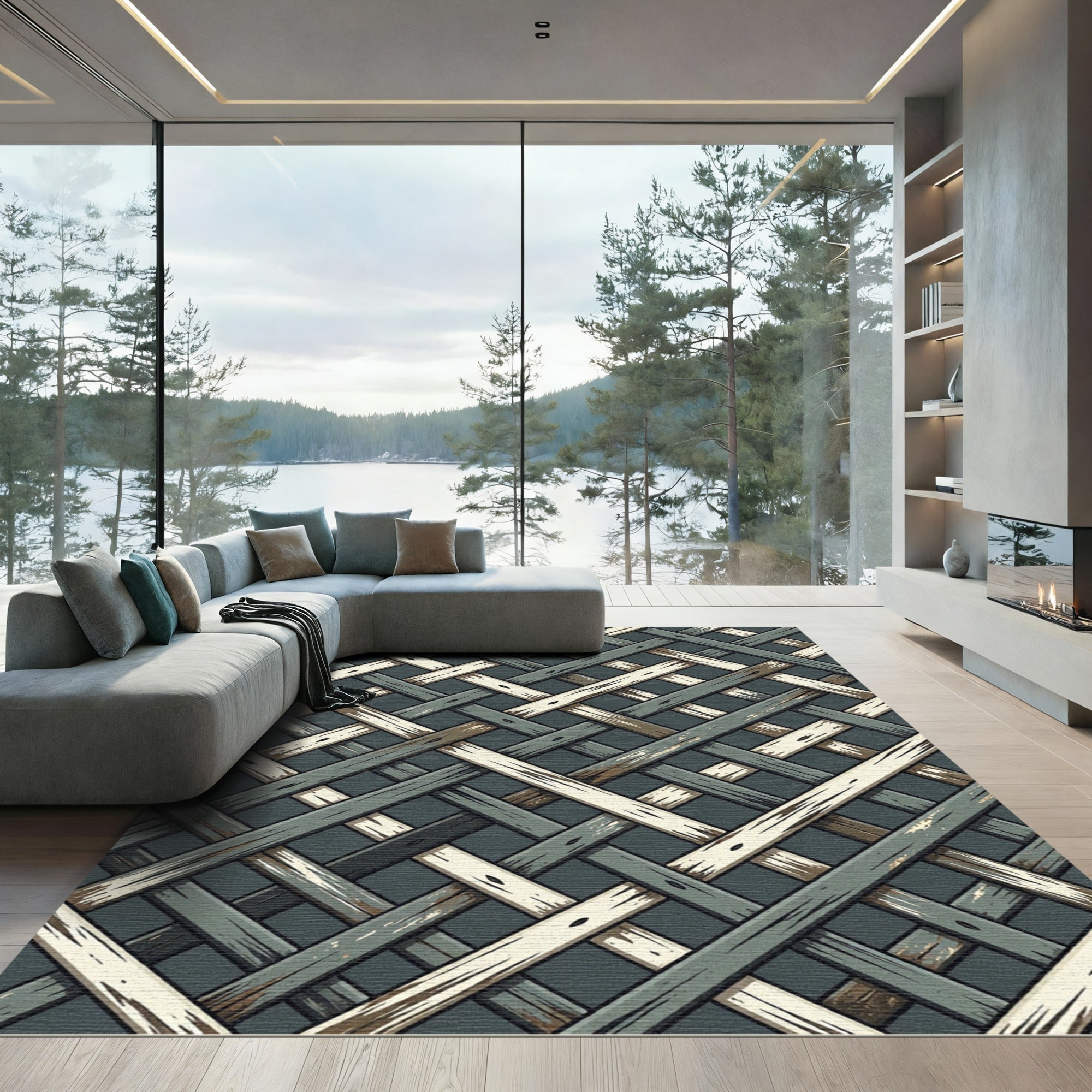 Interlocked Charcoal and Cream Woven Geometric Rug