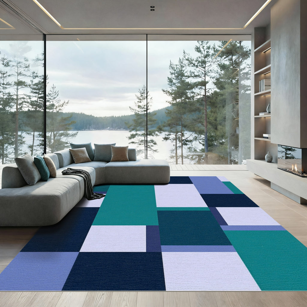 Teal Blue Geometric Block Arrangement Rug