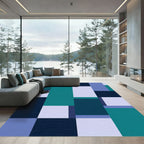 Teal Blue Geometric Block Arrangement Rug