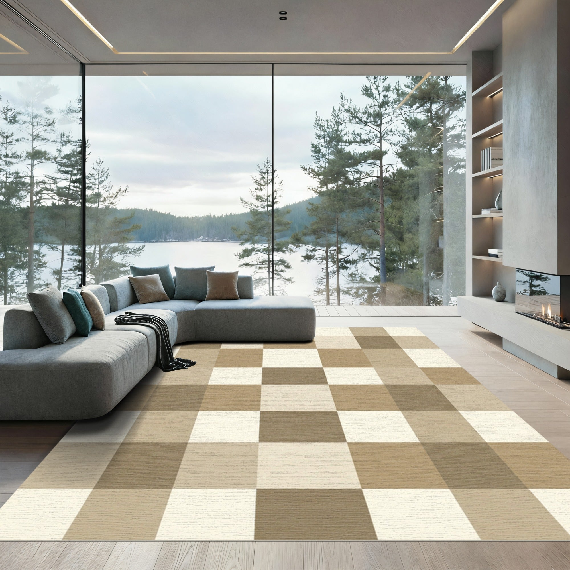 Neutral Tan Squares Check Rug