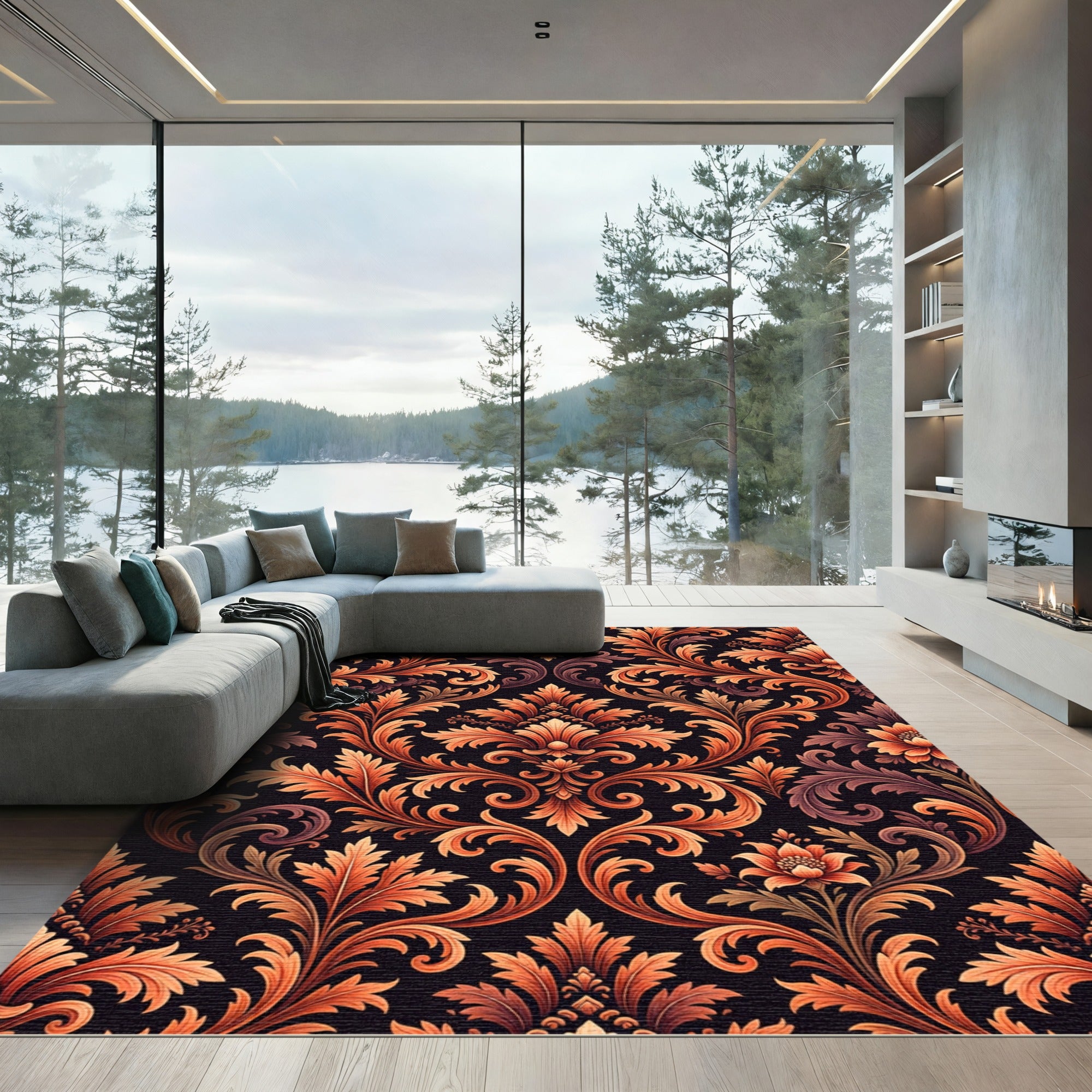 Ornate Amber Scrollwork Floral Rug