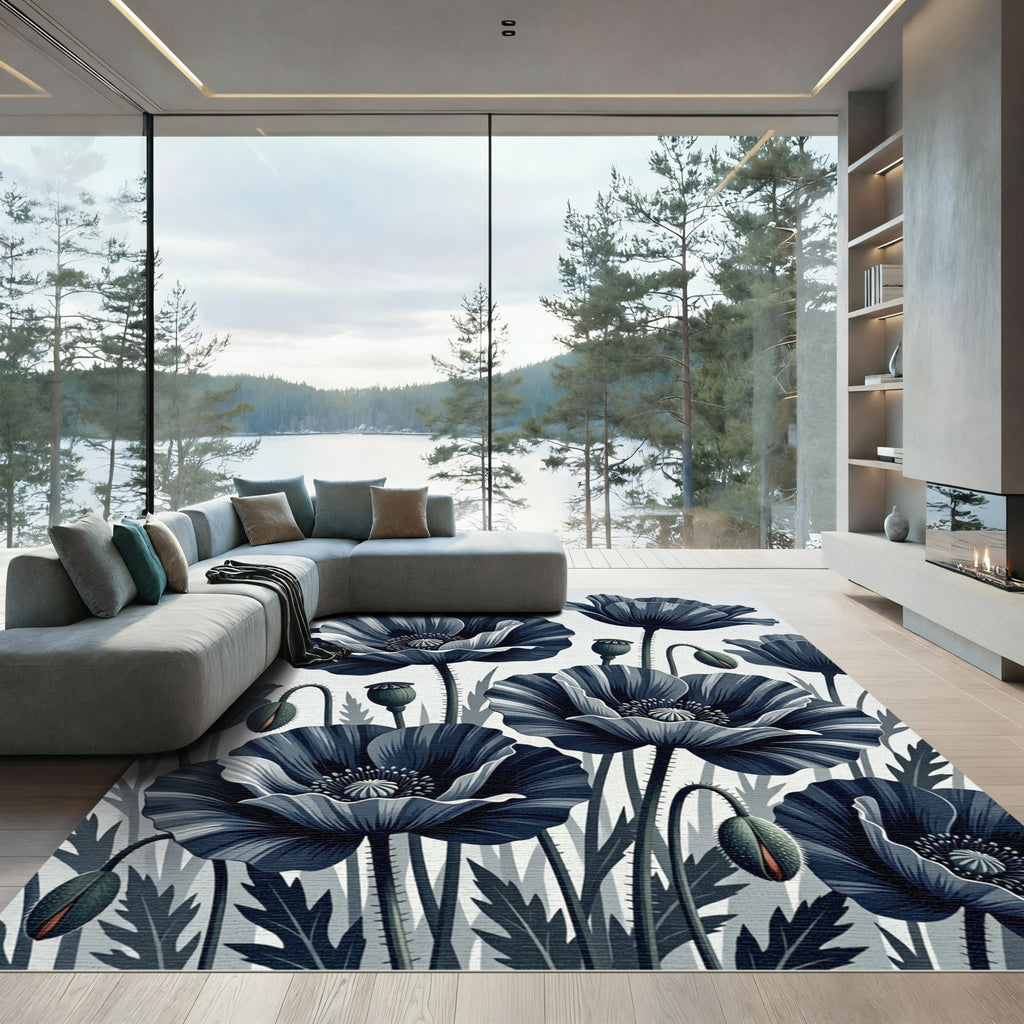 Monochrome Botanical Navy Poppy Illustration Rug
