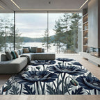 Monochrome Botanical Navy Poppy Illustration Rug
