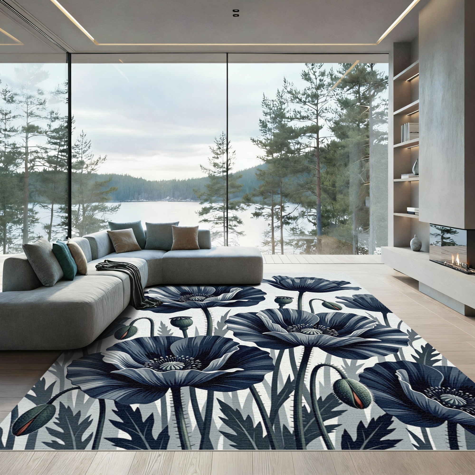 Monochrome Botanical Navy Poppy Illustration Rug