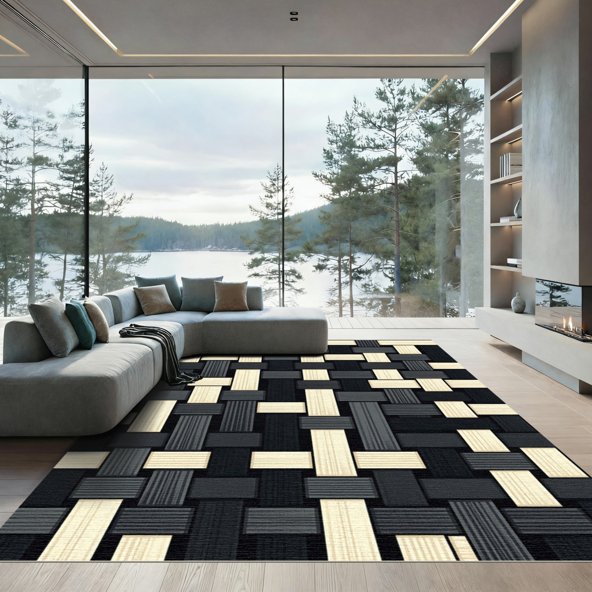 Monochrome Woven Grid Geometric Rug