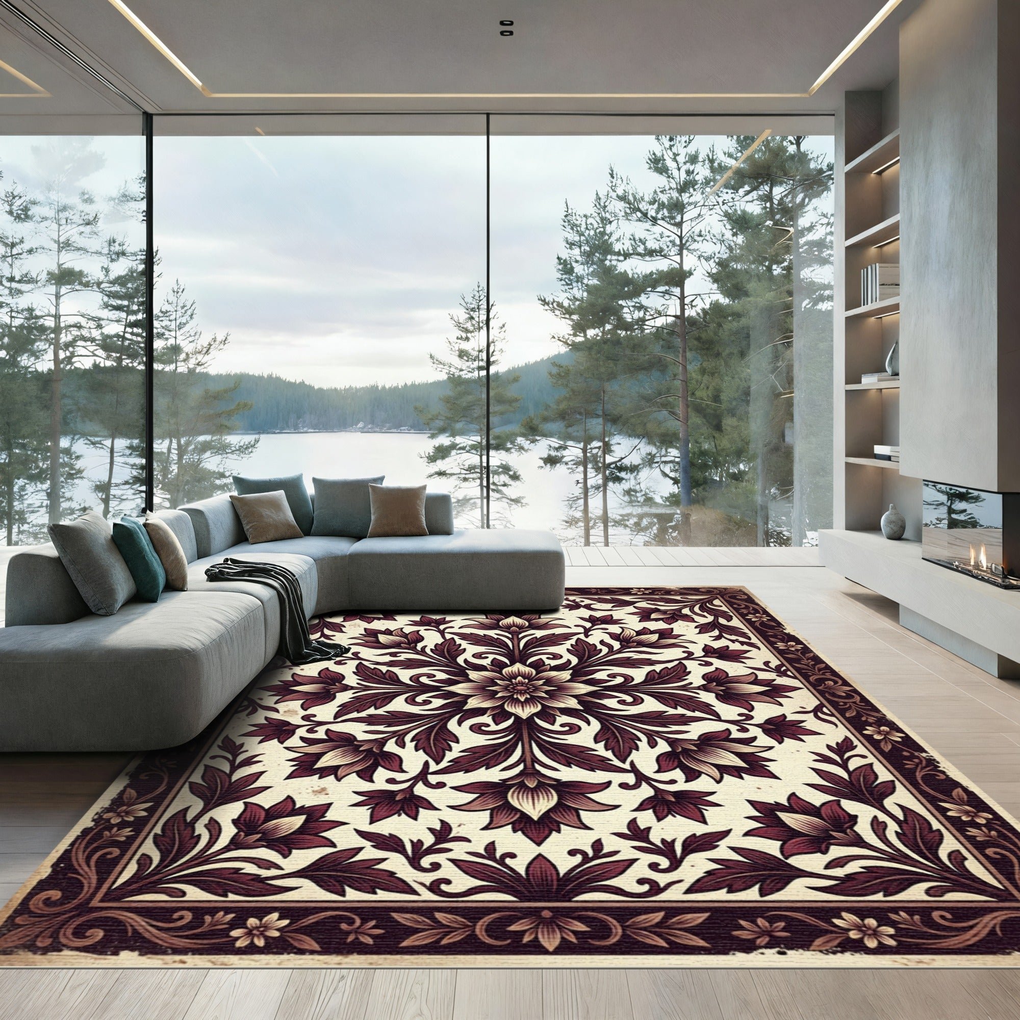 Deep Plum Floral Medallion Border Rug