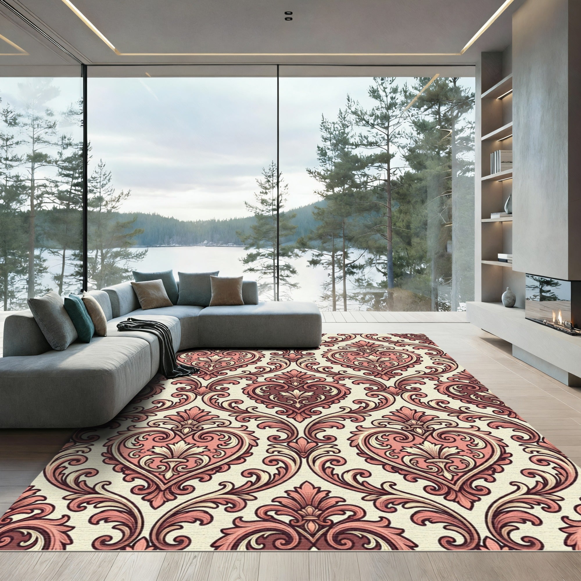 Elegant Blush Heart Damask Scroll Rug