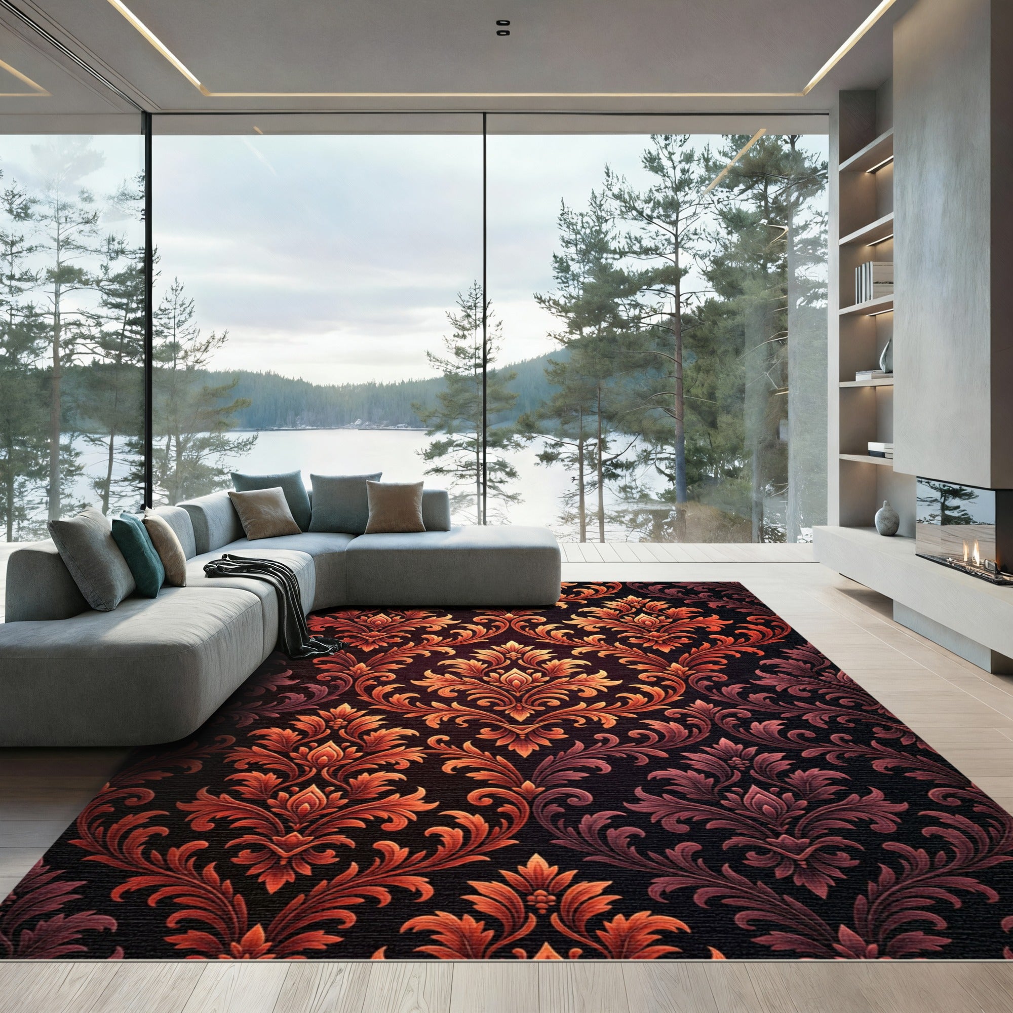 Ornate Burnt Orange Damask Scroll Rug