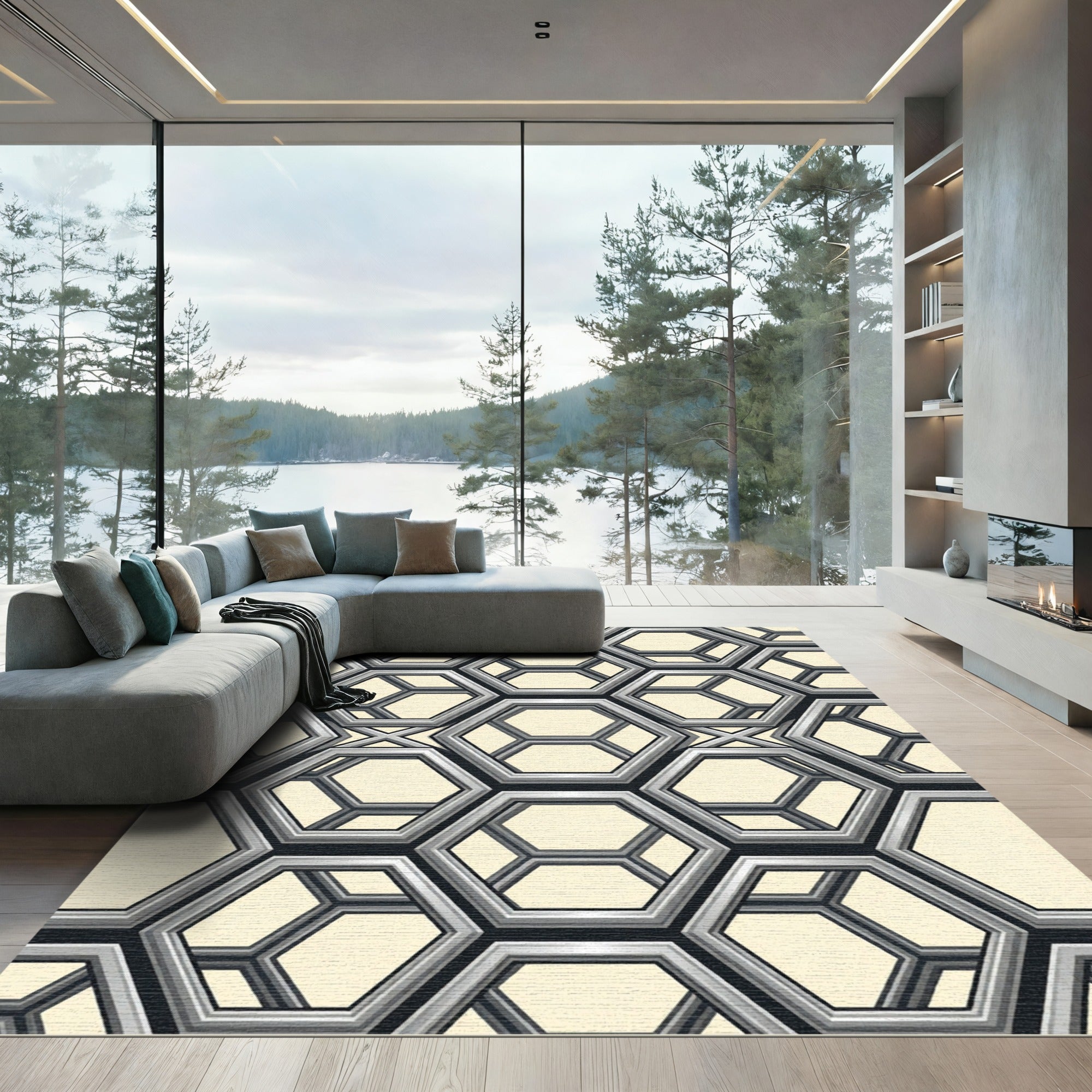Metallic Gray 3D Hexagonal Overlay Rug
