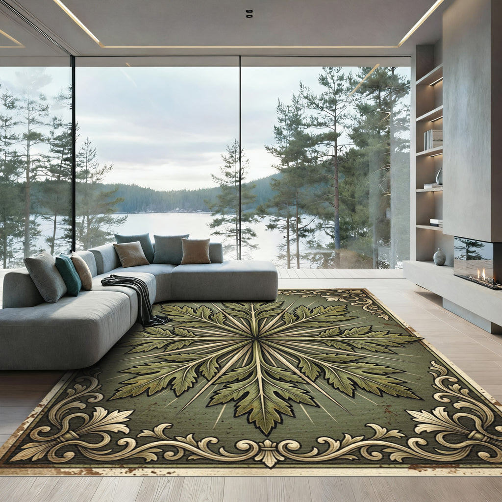 Ornate Green Leaf Medallion Revival Rug