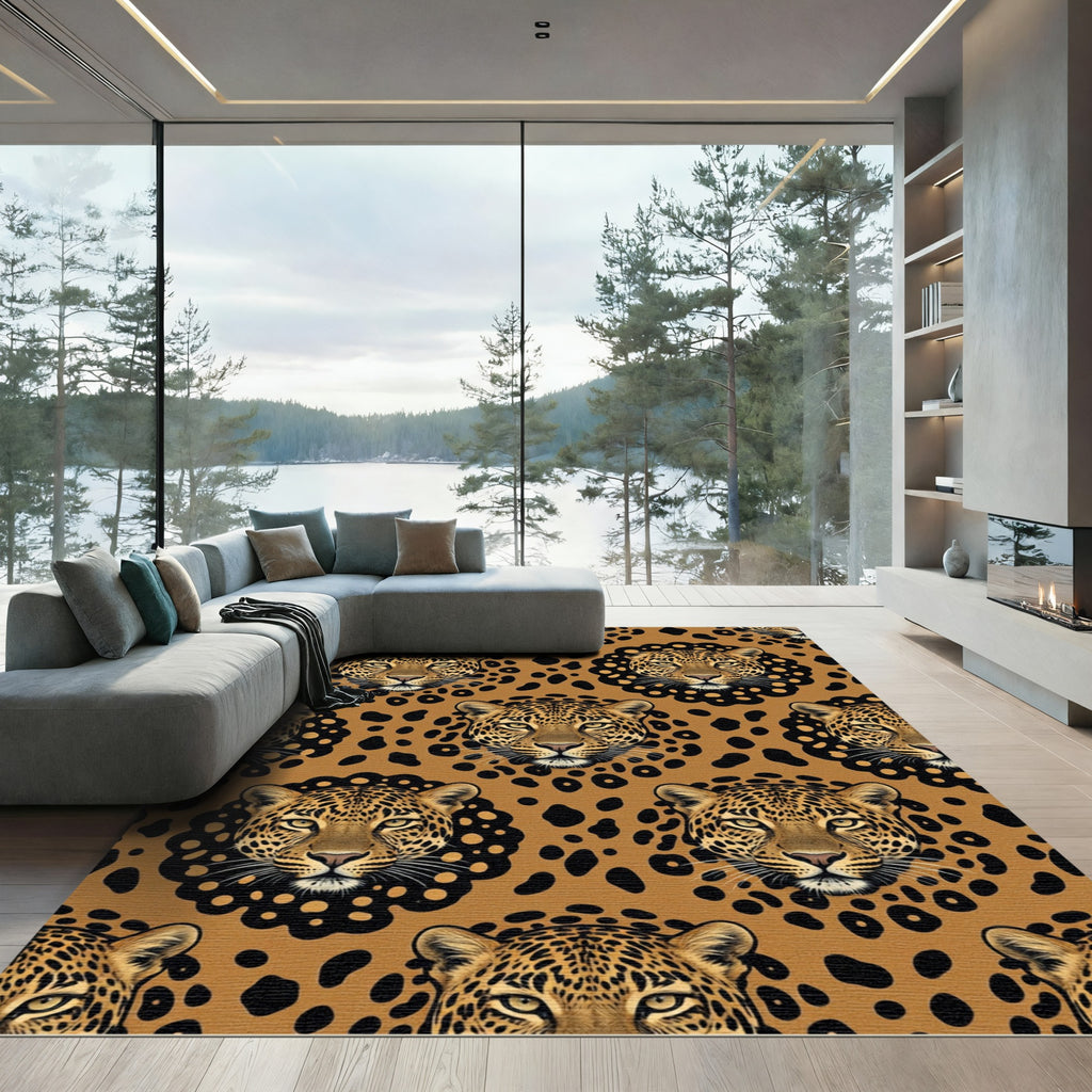 Golden Leopard Face Animal Spot Illustration Rug