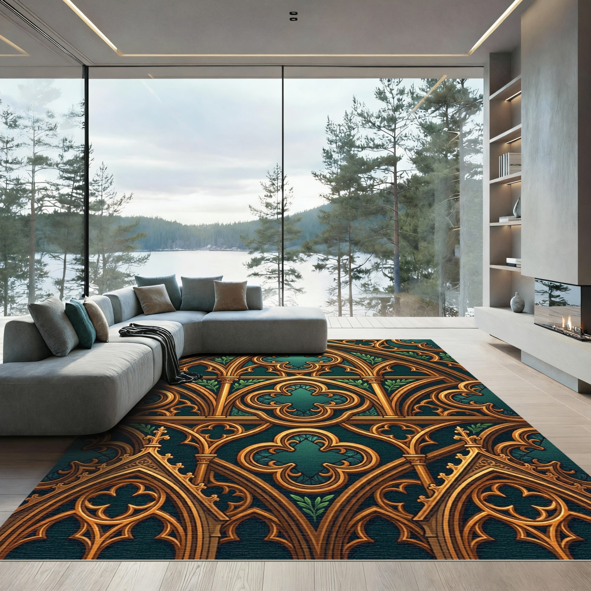 Gothic Emerald Gold Trefoil Arch Rug