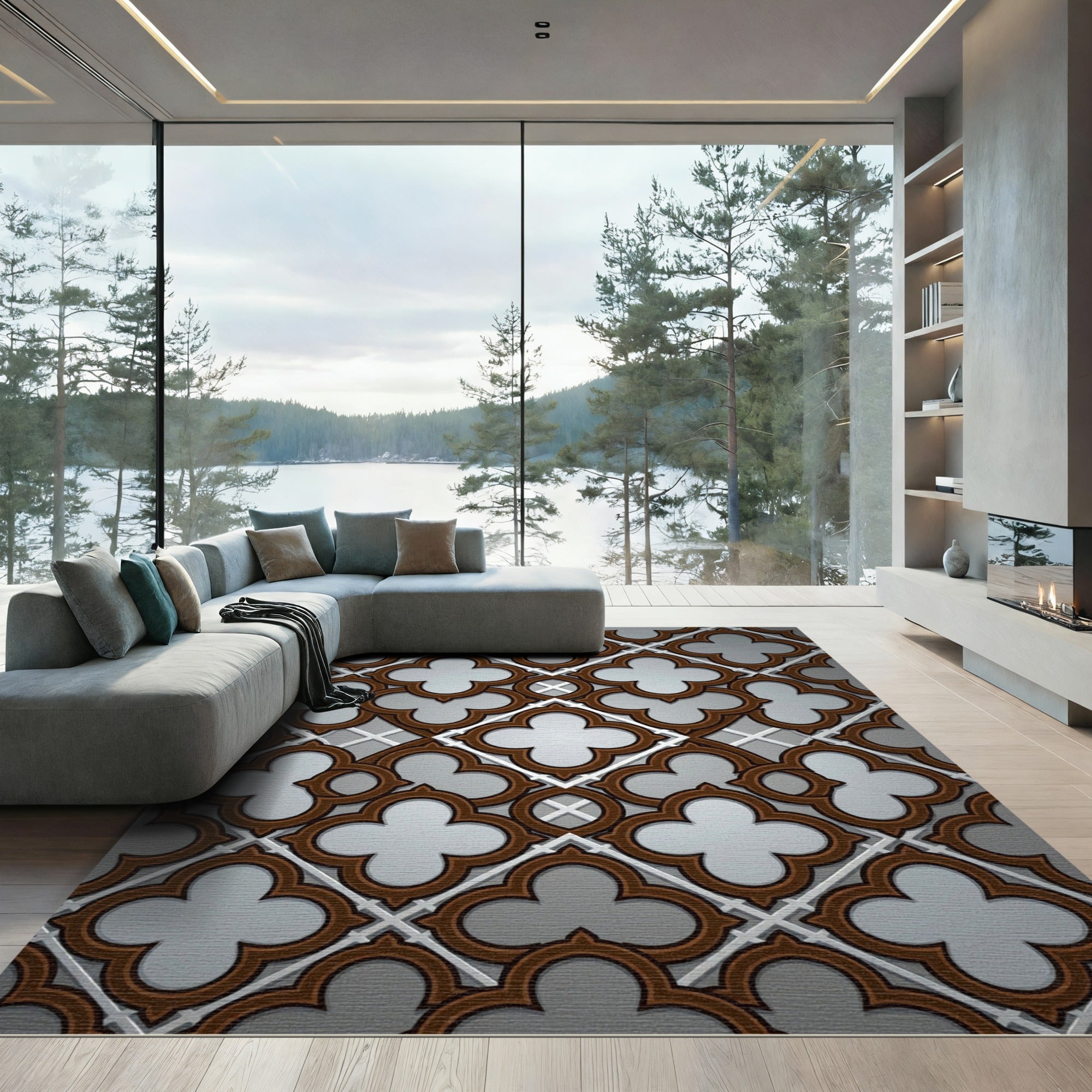 Elegant Brown Quatrefoil Geometric Grille Rug