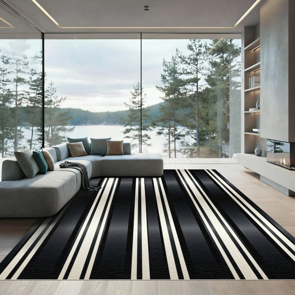 Modern Monochrome Vertical Pinstripe Striped Rug