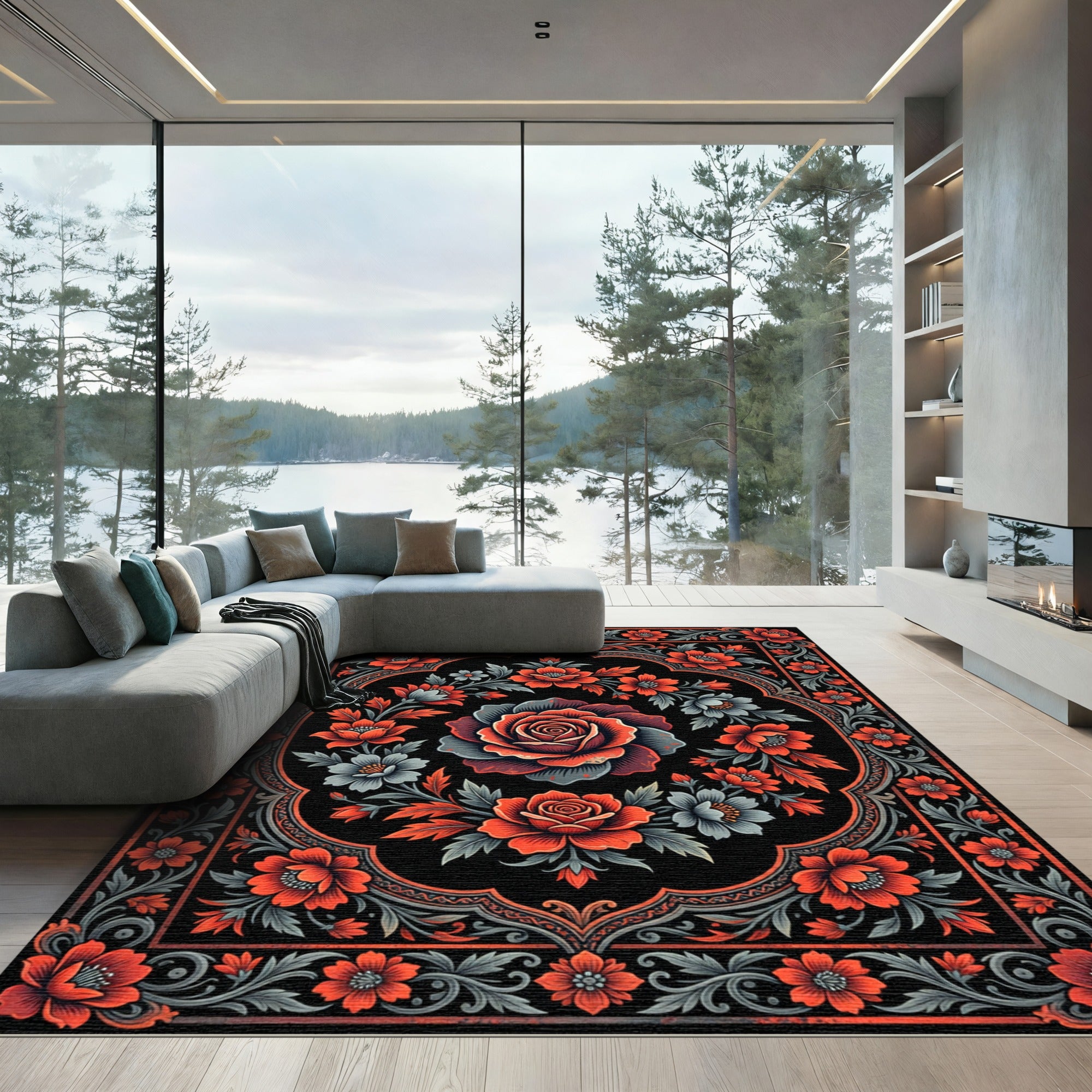 Dark Floral Rose Medallion Rug