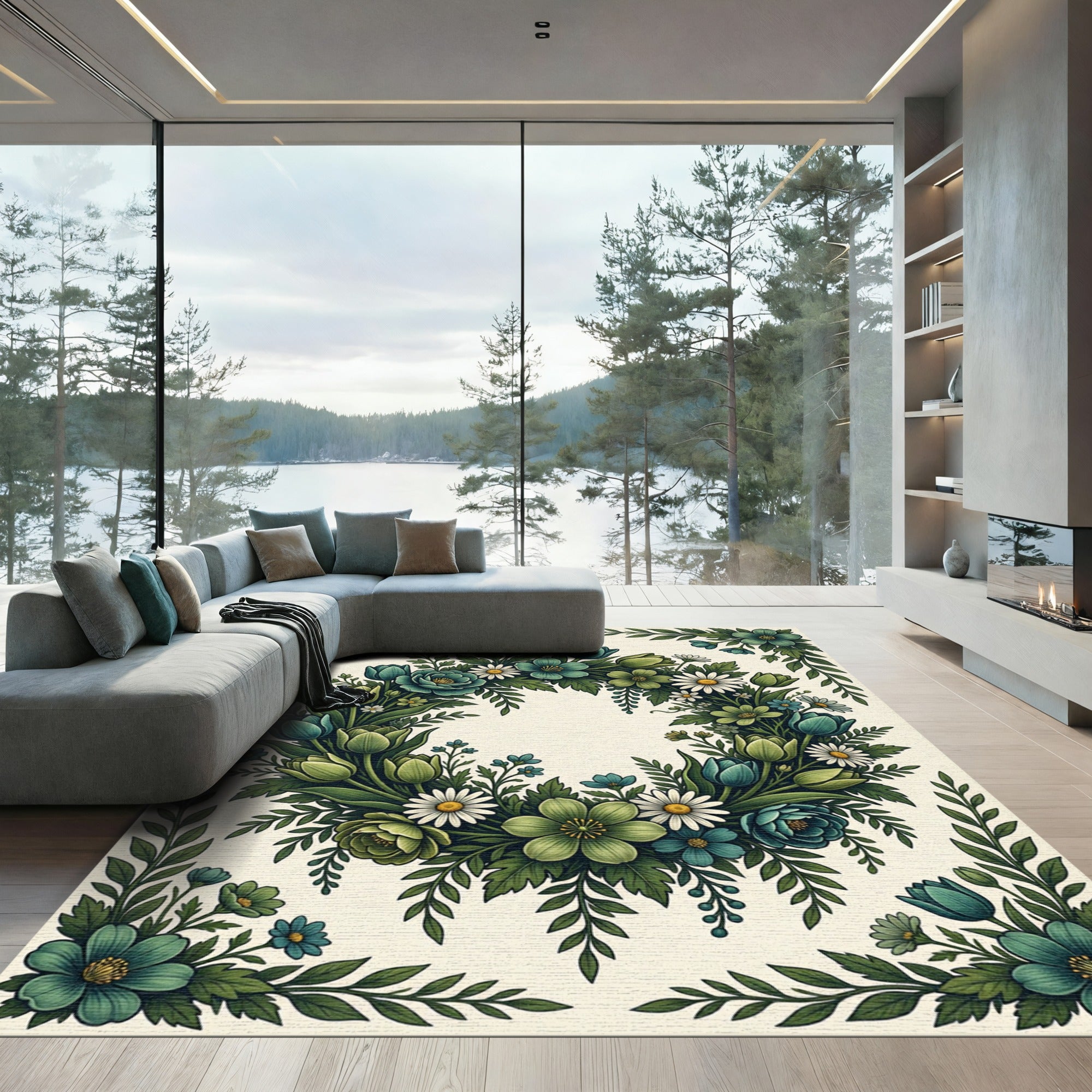 Botanical Blue and Green Floral Wreath Rug