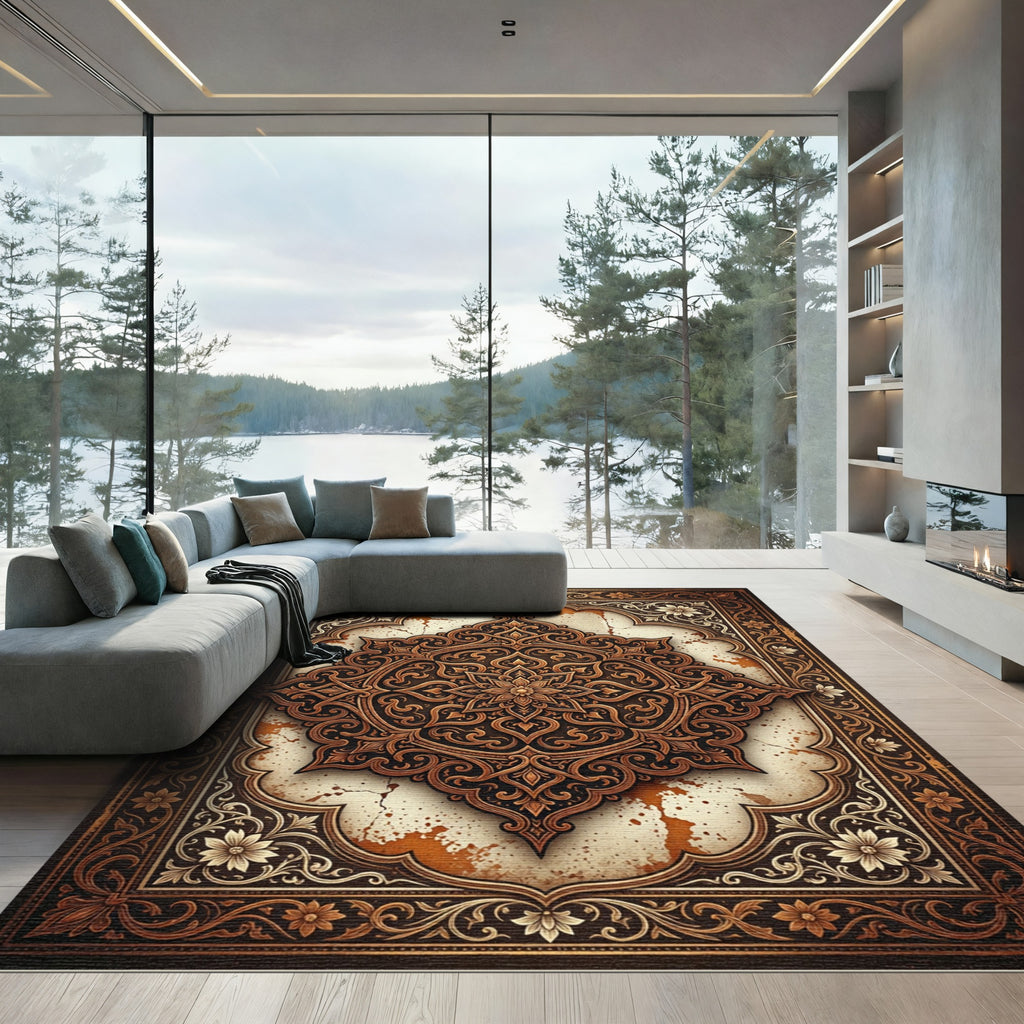 Ornate Brown Golden Floral Medallion Rug