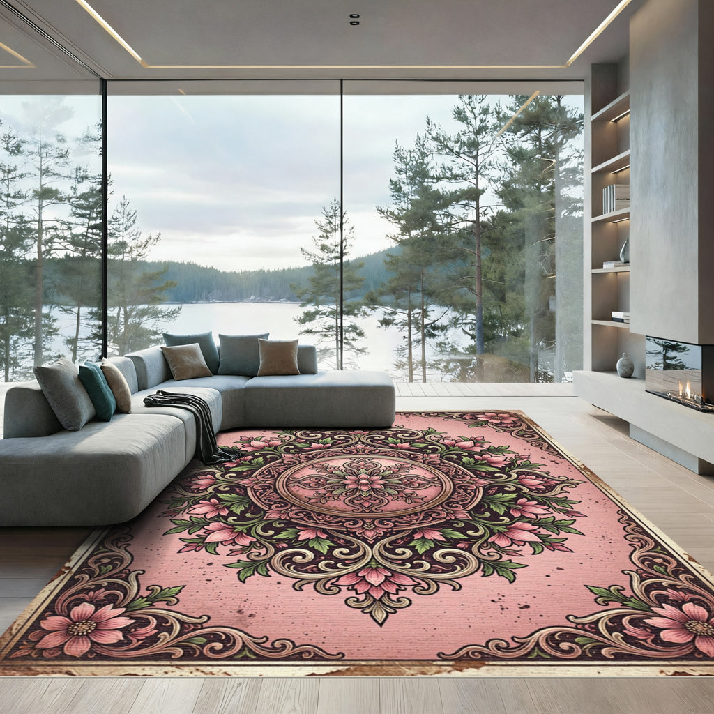 Antique Pink Floral Arabesque Rug