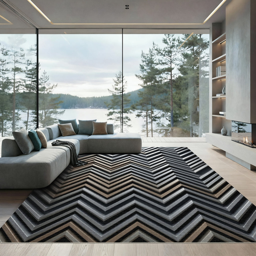 Textured Chevron Geometric Silver Gold Rug