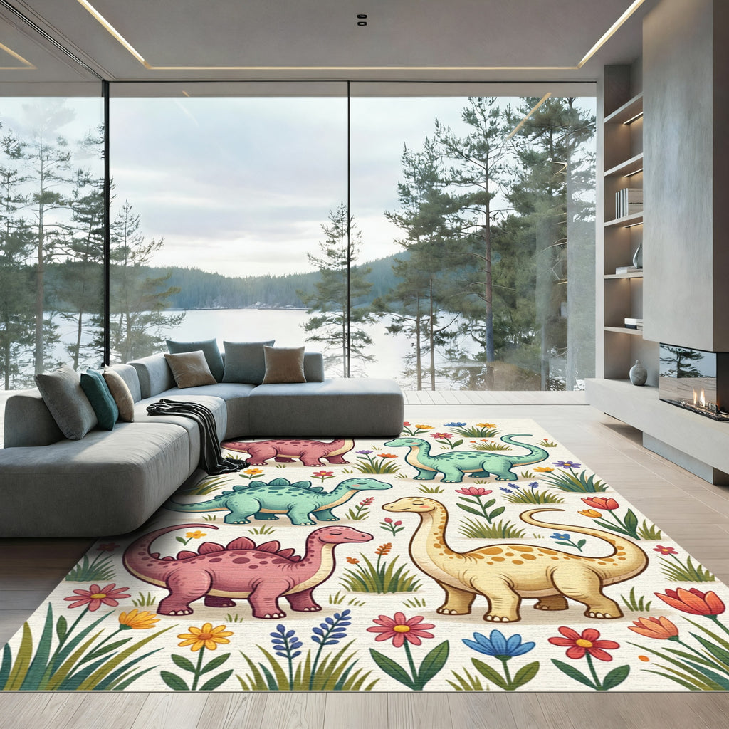Colorful Pastel Dinosaur Meadow Garden Rug